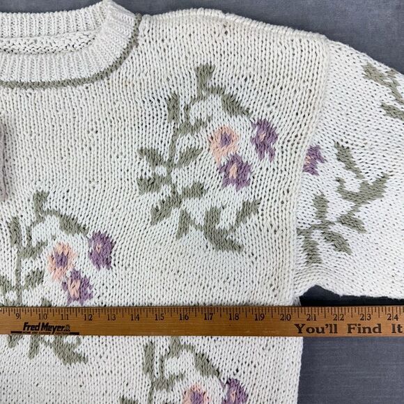 Vintage Sweater Womens M White Floral Pullover‎ Chunky Knit Cottage Prairie - Picture 7 of 9
